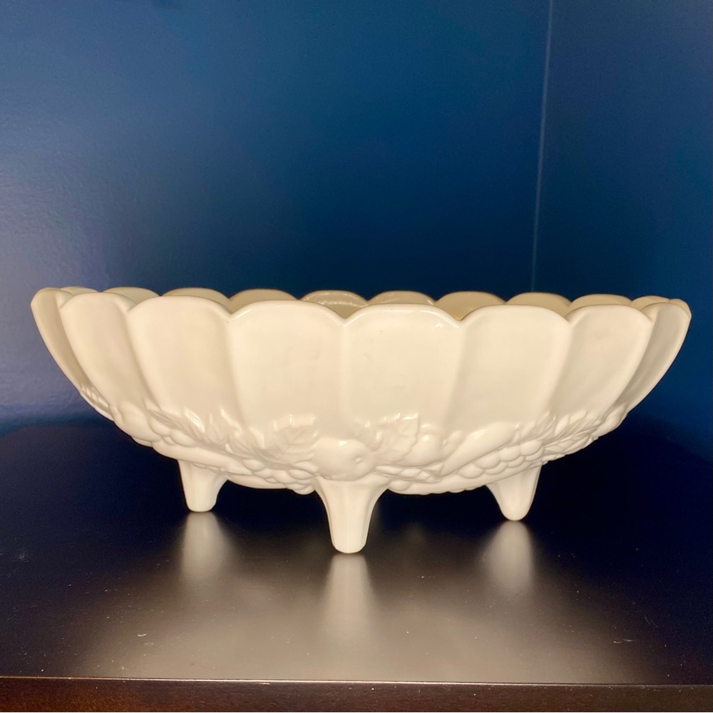 Vintage Indiana Milk Glass Large Oval Harvest Footed Fruit Bowl Centerpiece